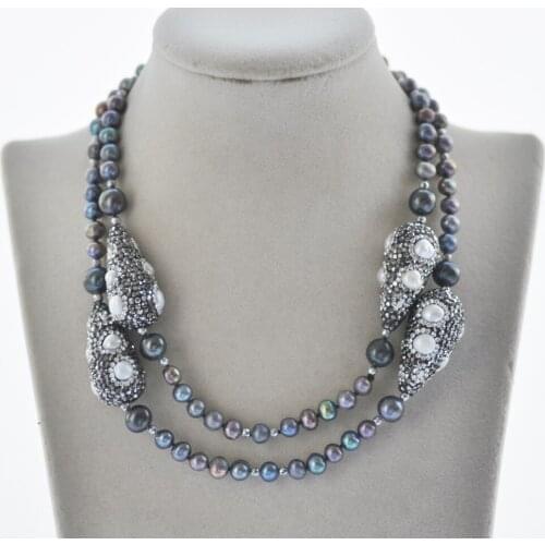 Z11059 33" 35mm Black Round Pearl White Pearl Tower CZ Bead Necklace