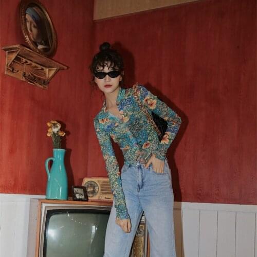 Fall 2021 Women Mesh Dragon Print Shirt Long Sleeve Top Button Up See Through Top Fashion Designer Clothing Spring