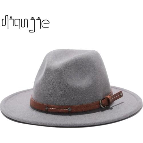 2021 Women Wool Fedora Hat With Leather Ribbon Gentleman Elegant Lady Winter Autumn Wide Brim Jazz Church Panama Sombrero Cap