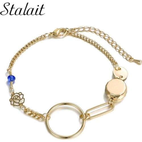 Women Chrams For Bracelets Blue Crystal Bead Hollow Roses Handmade Resin Jewelry Big Circle Gold Link Bracelet Pearl Bracelets