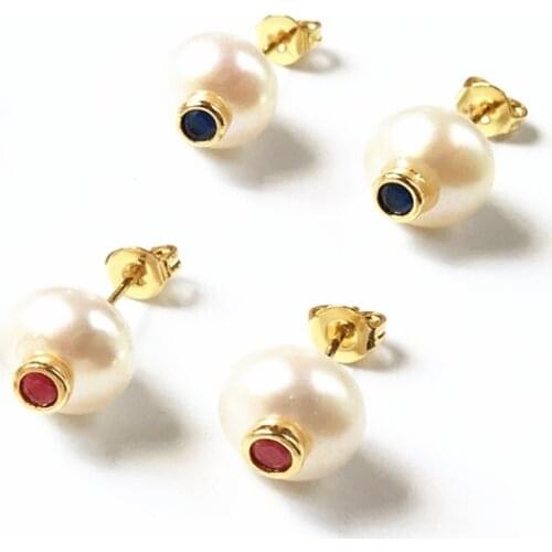 FUWO Natural Freshwater Pearls Stud Earrings With Cubic Zircon Beads Charm for Women Girls Party ER527