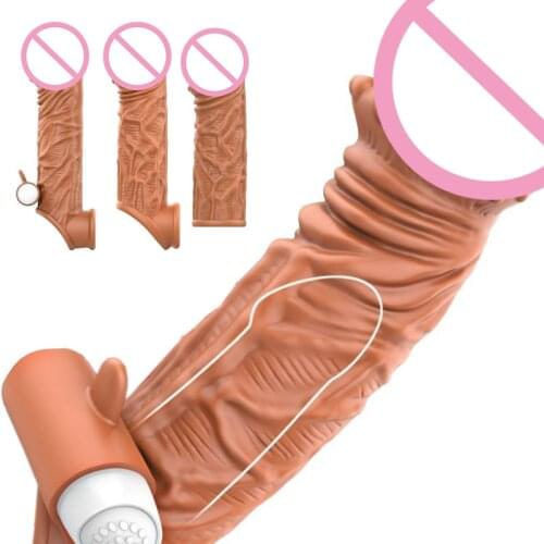 Liquid Silicone Vibrators Condom Reusable Penis Enlargement Sleeve Sex Toys For Men Delay Time Clitoris Stimulator Masturbators