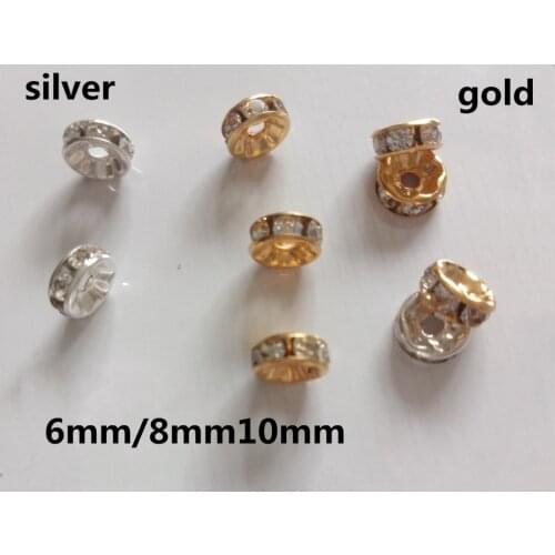 10pcs/Lot 6mm/8mm/10mm Gold/Silver Color Rhinestone Rondelles Crystal Beads Loose Spacer Beads For Diy Fashion Jewelry Making