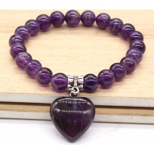 100-Unique 1 Pcs Silver Plated Love Heart Connect Natural Purple Amethysts Stone Round Beads Bracelet