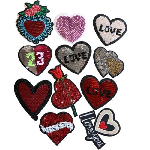 2 Pcs Various Love heart shapes sequin icon Iron on Patches for Clothing DIY Stripes Clothes Patchwork Stickers Custom Badges