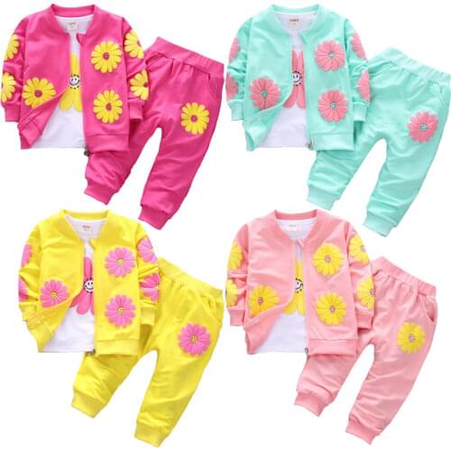 2021 Spring Autumn Clothing Set For Baby GIrls Cartoon Flower Lovely Toddler Kids Suit 4 Color Coat + Shirt + Pants 3Pcs Suit