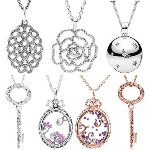 Shimmering Lace Rose Flower Regal Key Moon And Star With Crystal 925 Sterling Silver Necklace For Europe Bead Charm DIY Jewelry