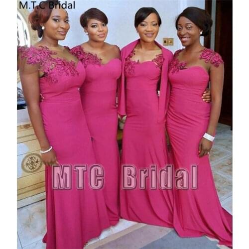 Long Fuchsia African Bridesmaid Dresses Cap Sleeves Mermaid Plus Size Maid Of Honor Dress Wholesale Formal Occasion Prom Gowns
