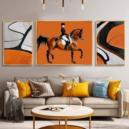 Home Decor Modern Black Orange Color Block Wall Art Print Abstract Horsemanship Canvas Paintings Poster Picture for Living Room