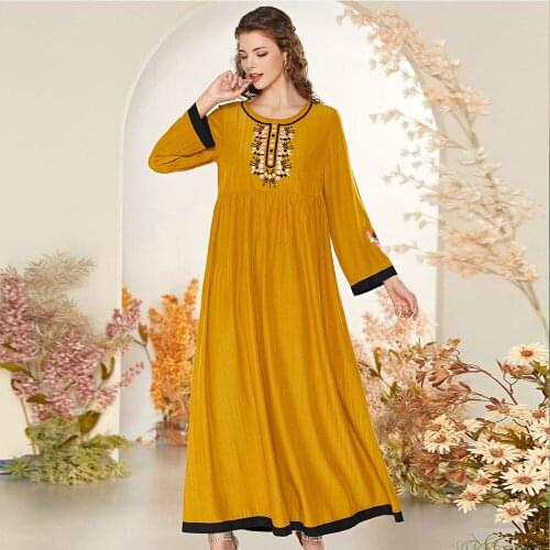 Ethnic Kaftan Plus Size Maxi Dress for Women Embroidery Eid Loose Abaya Muslim Long Sleeve Arabic Dubai Islamic Dresses Clothing
