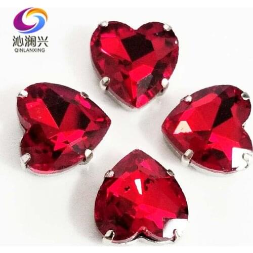 Red heart shape top quality Glass Crystal claw rhinestones,sew on stone with holes for Diy Clothing accessories SWH07