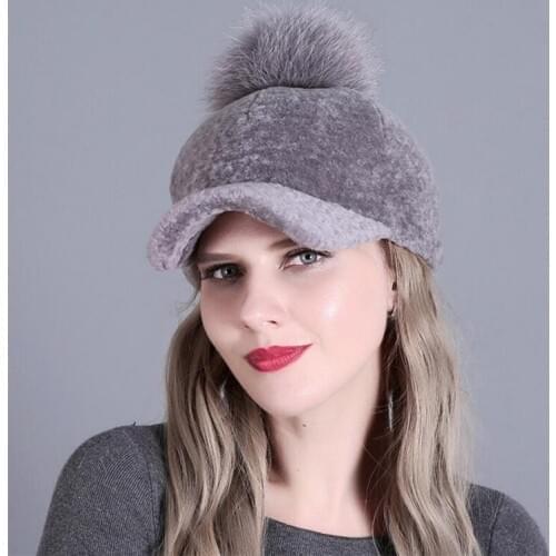 IANLAN Winter Womens Peaked Caps Hats with Fox Fur Pom Pom Casual Ladies Full-pelt Sheep Shearing Cap Cotton Lined Hats IL00341