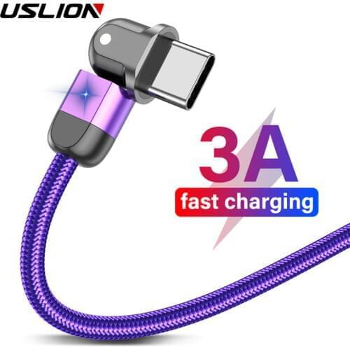 USLION USB Type C Data Cable 3A Fast Charging Wire For Samsung S10 S9 S8 Huawei 90°/180° Rotating USB C Mobile Phone Data Cord