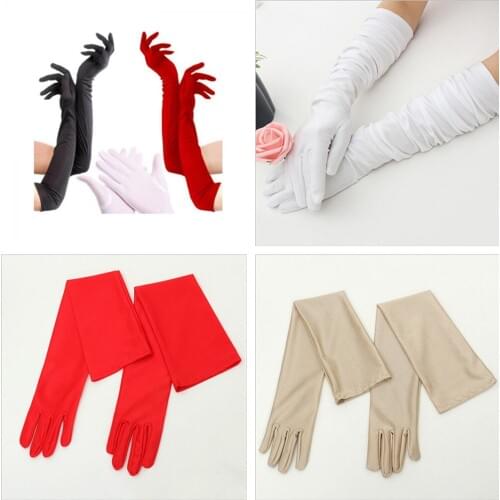 Classic Adult Black White Red Grey Skin Elbow/Wrist Stretch Satin Finger Long Gloves White Lace Glove Wedding Accessories
