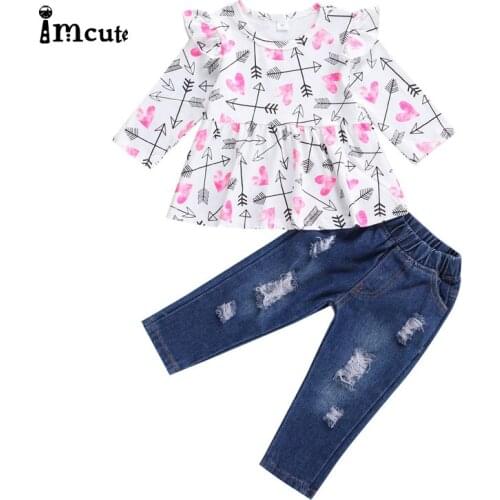 Imcute Baby Girls Spring Autumn Clothing 2 Pieces Kids Suit Set Floral Print Round Neck Long Sleeve Top Hole Jeans for Girls