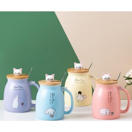 450ml Cartoon Ceramics Mug With Lid and Spoon Coffee Milk Oatmeal Breakfast Cup Juice Drinkware Mark Cup For Couple Office Home