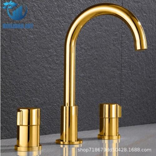 Brass Bathroom Faucet Golden 3PCS Bathroom Faucet Double Handles Mixer Crane Basin Bathtub Faucet Tap Rotatable Spout Faucet