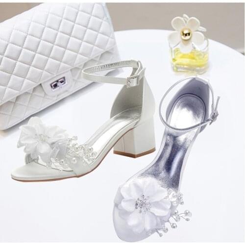 MarHermoso Womens Sandals Bride Flowers Ankle Strap Satin Bridal Wedding Shoes Chunky Heel Elegant Sandals