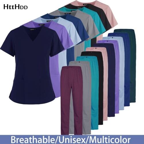 Care Worker Tops Women Solid Color Scrub Work Short Sleeve V-neck Pocket Worker T-shirt Medical Uniform Clothing (Tops + Pants)