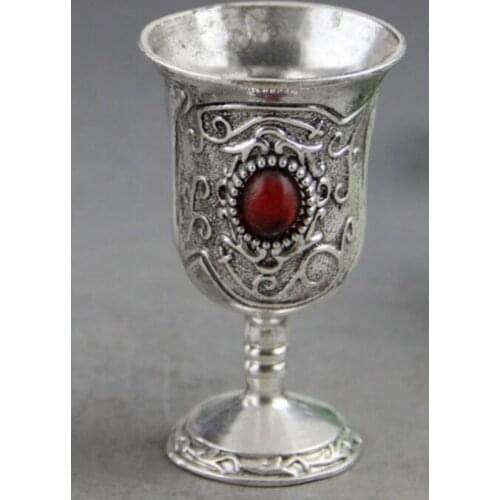 Copper Statue Chinese Collectable Tibet Silver Decorated Handwork Inlay Jade Wine Cup