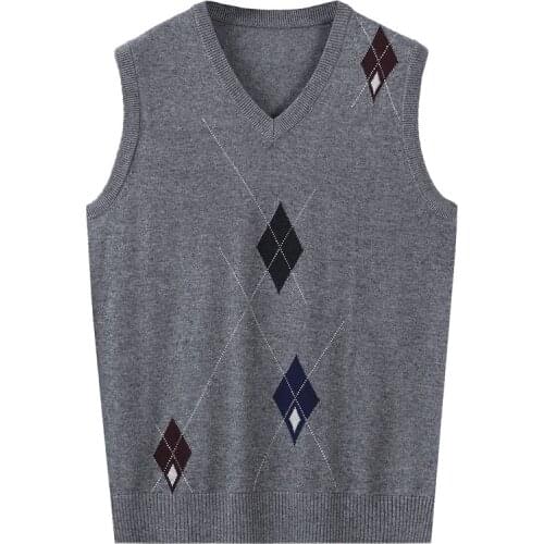 Sweater Vest Men 2021 New Autumn Middle-aged and Elderly V-neck Wool Vest Mens Diamond Jacquard Knitted Wool Sweater Vests