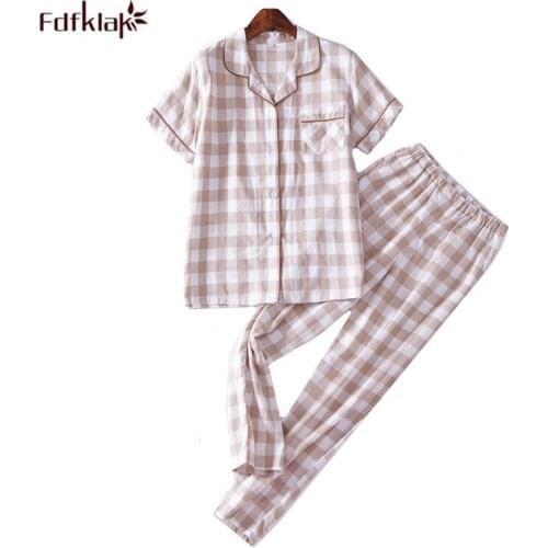 Fdfklak Fashion Plaid 100% Cotton Pyjamas Women Short Sleeve Summer Sleepwear Pijama Set Large Size Ladies Nightwear Pijamas