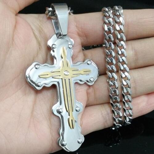 High Quality Stainless Steel Cross Pendant With Long Chain Mens Crucifix Necklaces Male Religious Jewelry Dropshipping