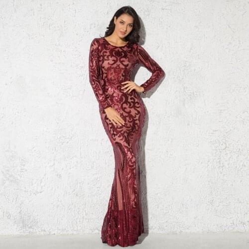 O Neck Burgundy Sequined Evening Party Dress Full Sleeved Elegant Autumn Winter Long Maxi Dress