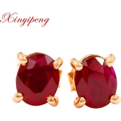 Xin yi peng fine jewelry real 18k rose gold 100% natural oval ruby stud earrings for women earrings AU750