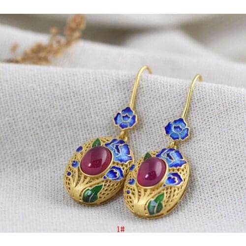 FNJ Cloisonne Flower Drop Earrings 925 Silver Original Pure S925 Sterling Silver Earring for Women Jewelry Lotus Rose Corundum