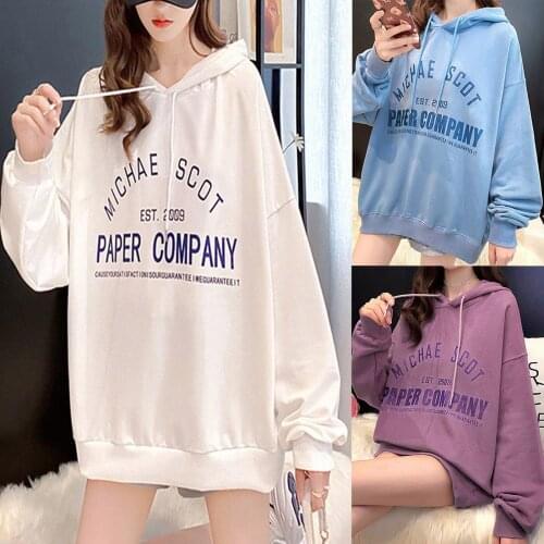 Oversize Women Hoodie Long Sleeve Top Letter Print Drawstring Hooded Jumper Sweatshirt Loose Blouse Shirt Casual Student Clothes