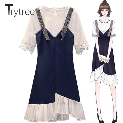 Trytree Summer Women Two piece set Casual Cotton Polyester O-Neck Lace Top + Dress A-line Ruffles Patchwork Suit 2 Piece Set