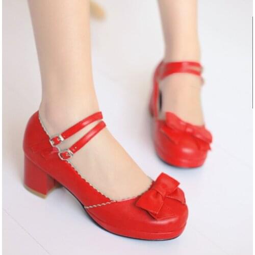 YMECHIC 2019 Fashion Cute Princess Mary Janes Lolita Shoes Bowtie Buckle Chunky Medium Women Heels Black Red Purple Pumps Woman