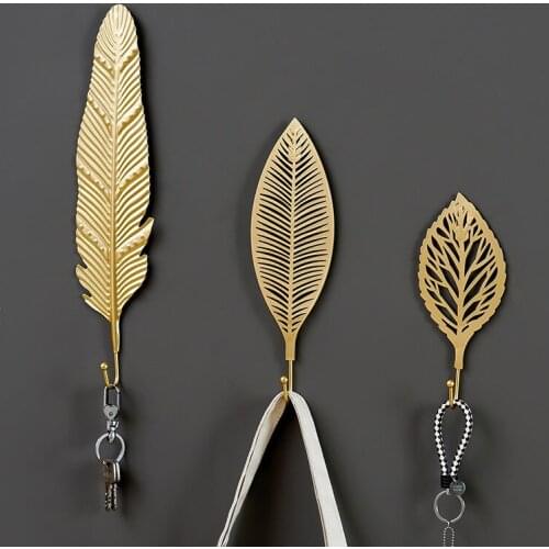 Nordic Style Free Perforated Leaf Hook Golden Metal Clothing Store Fitting Room Hotel Entrance Decoration Coat Hat Single Hook