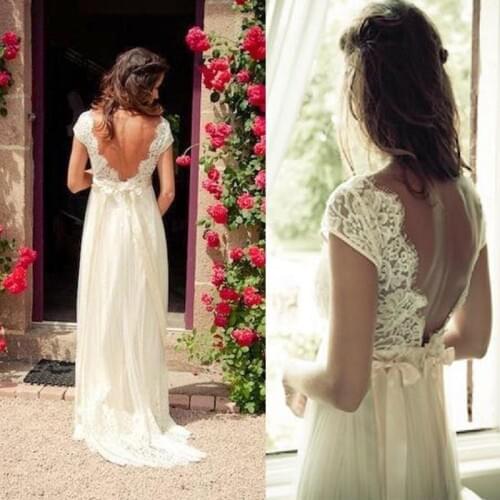 2020 Vintage Bohemian Wedding Dresses A Line Backless Sheer Lace Cap Sleeves Bridal Gown V Neck Beaded Sash Country Brides dress