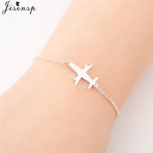 Jisensp Korean Style Delicate Plane Charm Bracelet Stainless Steel Long Chain Bracelets Bangles for Women Travel Jewelry Gift