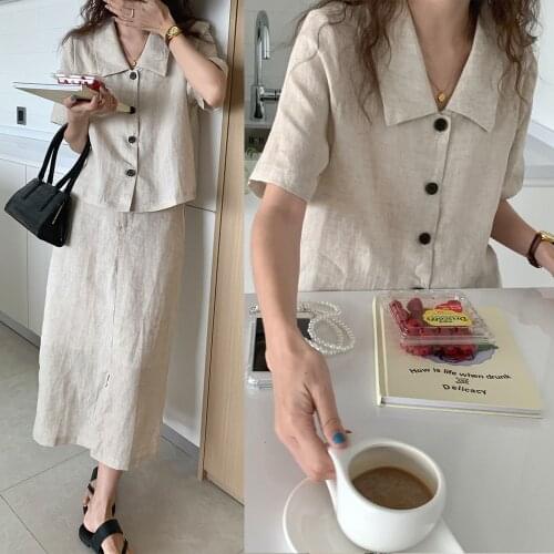 Women Summer Elegant Cotton Linen Two Piece Set 2021 Single Breasted Short Blazer Jacket & Elastic High Waist Long Skirt