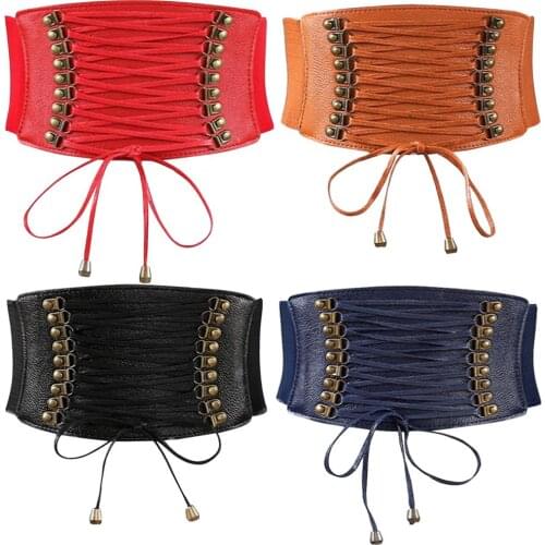 New Fashion Women Vintage PU Lace Up Corset Elastic Bandage Shape-Making Solid Color Wide Band Waist Belts Dress Accessories