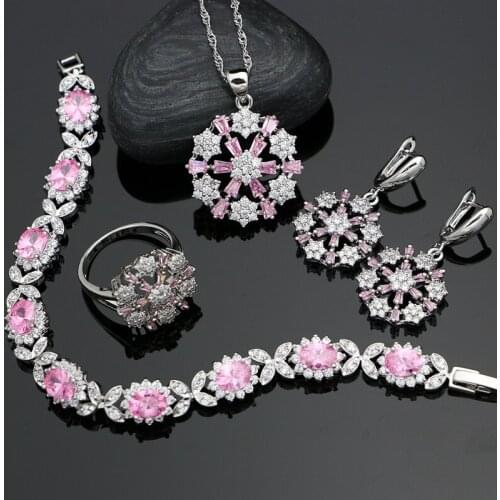 Flower 925 Silver Bridal Jewelry Sets For Women Wedding Decoration Pink CZ White Crystal Earrings/Ring/Bracelet/Pendant/Necklace