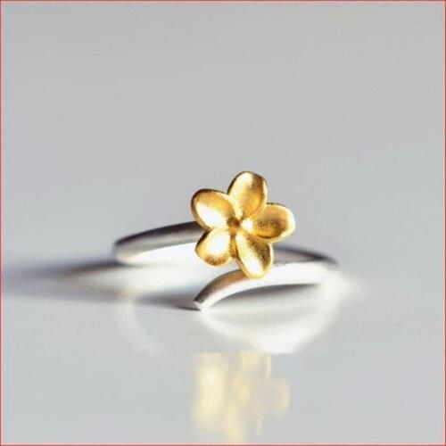 Pure 925 Sterling Silver Gold Sakura Flower Rings for Women Adjustable Size Ring Fashion sterling-silver-jewelry Anel RS086