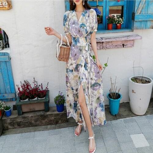 Ladies New Summer Fashion Sexy Dress Women Elegant V-Neck Printed Split Dress Slim Hips Dress