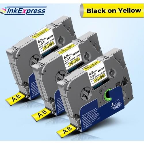 3PK 9mm for Brother HSe-621 HSe 621 hse621 Heat Shrink Tube Label Tape Black on Yellow for Mark Cables Fiber Wires LabelMaker