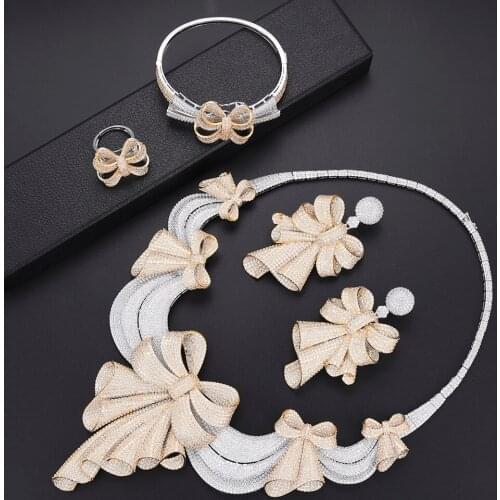LARRAURI Trendy Big Bow Pendant Statement Bangle Earrings Necklace Ring 4PCS Party Bridal Wedding Jewelry Sets For Women 2019