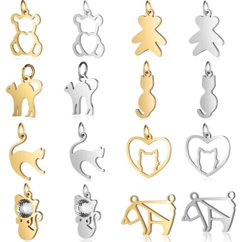 5pcs/lot Lovely Cat Kitty DIY Charms Wholesale Stainless Steel Heart Bear Pendant Wolf Connectors Charm For Jewelry Making