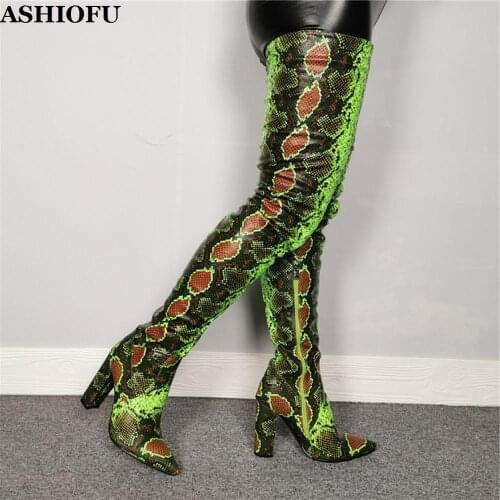 ASHIOFU New Handmade Women Chunky Heel Over Knee Boots Faux-leather Sexy Club Party Thigh High Boots Evening Dating Boots Shoes