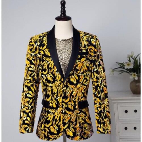 Yellow sequins blazer men suits designs jacket mens stage costumes singers clothes star style dress punk rock masculino homme