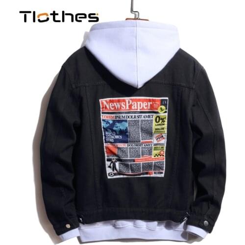 Black Denim Jacket Mens Clothing Newspaper Print Denim Shirt Men Long Sleeve Jeans Shirts Pattern Jeans Jacket Mens Denim Coat