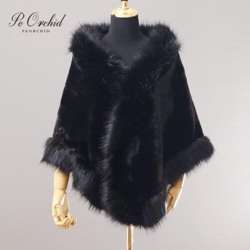 PEORCHID Black Faux Fur Wrap Ladies Winter Jacket Women Shrugs Bolero Mariee Evening Shawl Bridal Capes For Wedding Dress