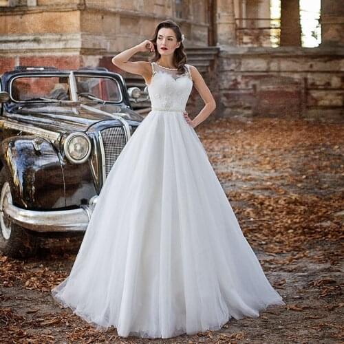 Sheer neck Crystal Beading Tulle Wedding Dress 2021 New Plus Size Pure White Ball Gown Robe De Marriage Bride Dress Women