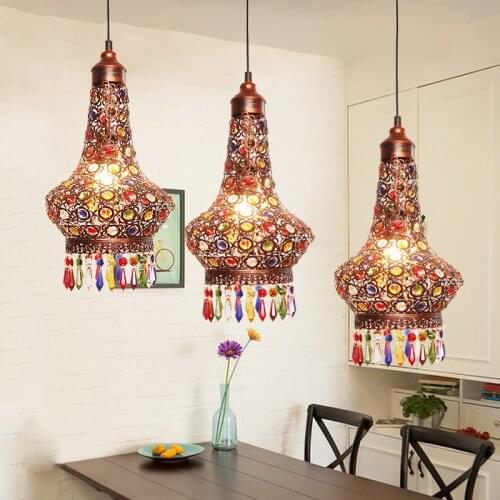 Classic Bohemia Style Restro Pendant Light Iron Carving Lampshade K9 Colors Crystal Decoration 3*E27 LED Bulbs Round Lampbase